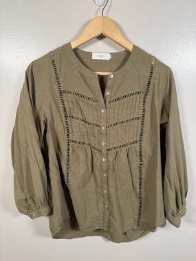 Maye Paloma Shirt Top Size Large Green Linen Blend Peasant Boho Earthy Prairie